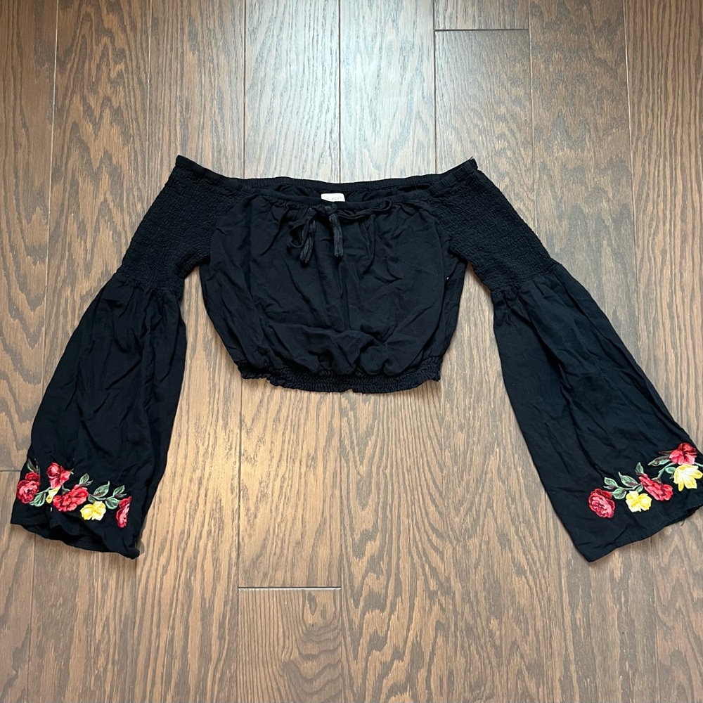 La Hearts Black Off-Shoulder Crop Top with Floral Embroidery